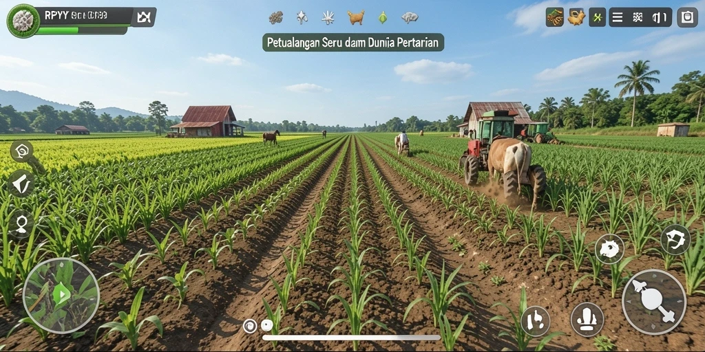 Tampilan gameplay RPYYY yang menampilkan ladang yang subur dan hewan peliharaan.