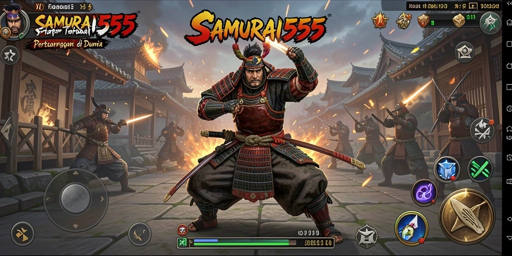 Screenshot gameplay SAMURAI555 memperlihatkan pertarungan samurai yang mendebarkan.